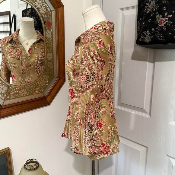 VTG Y2K Serenade NY Light Brown & Red Floral Crinkled Bell Sleeve Collared Top L - Picture 4 of 8
